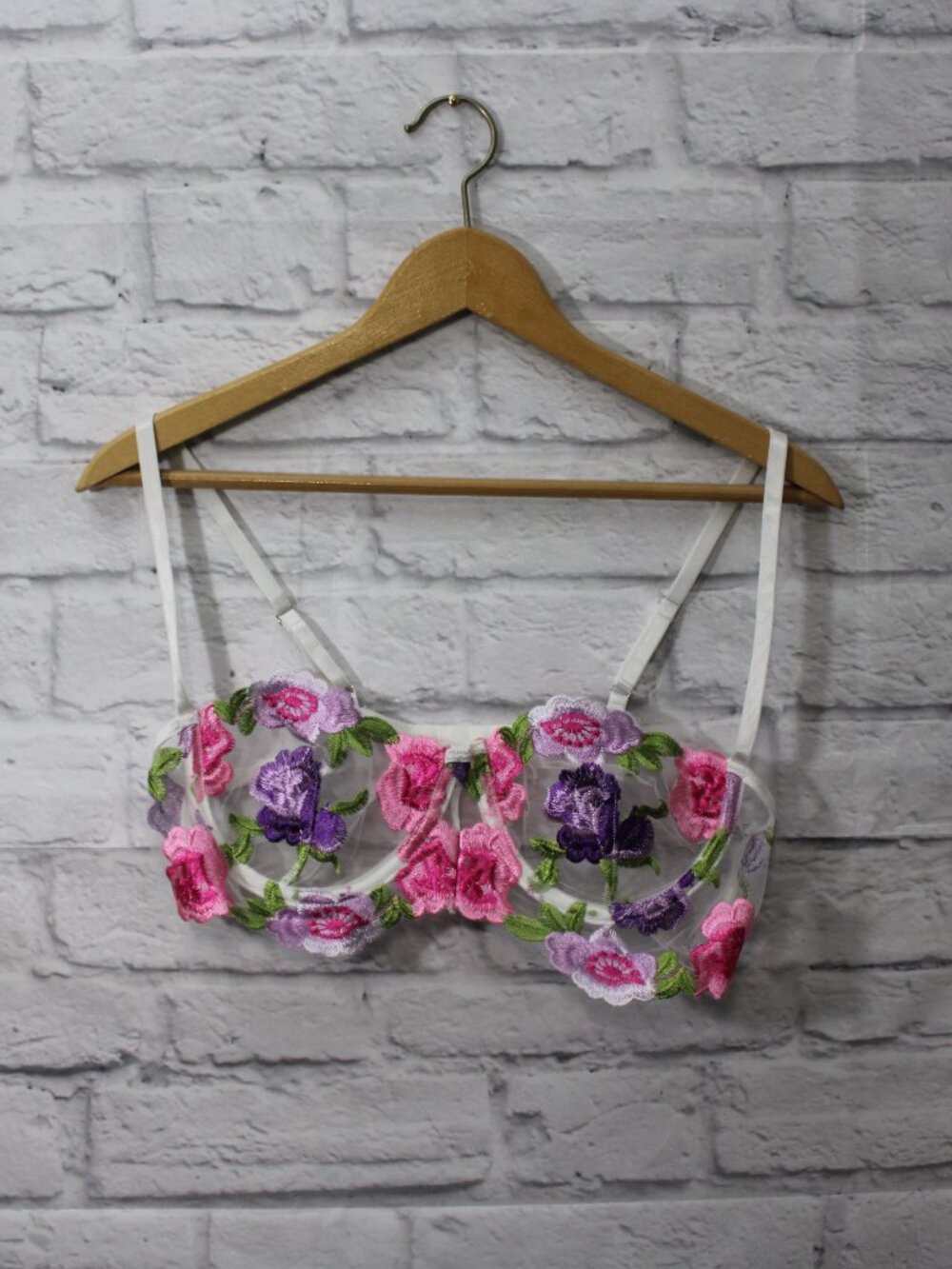 Romwe Large Sheer Lace Embroidered Floral Cup Adjustable Strappy Bra